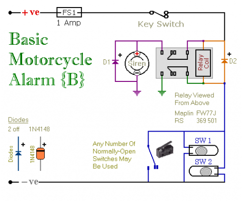 Two Simple Relay Based Motorcycle Alarms