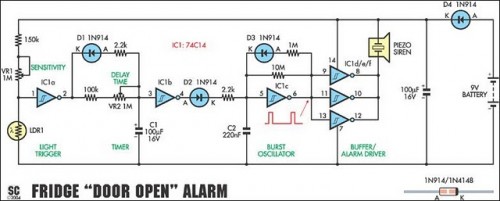 Fridge-Door Open Alarm Circuit Project-Circuit diagram